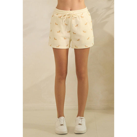 Ivory Dachshund/Weiner Dog Printed Shorts S-L