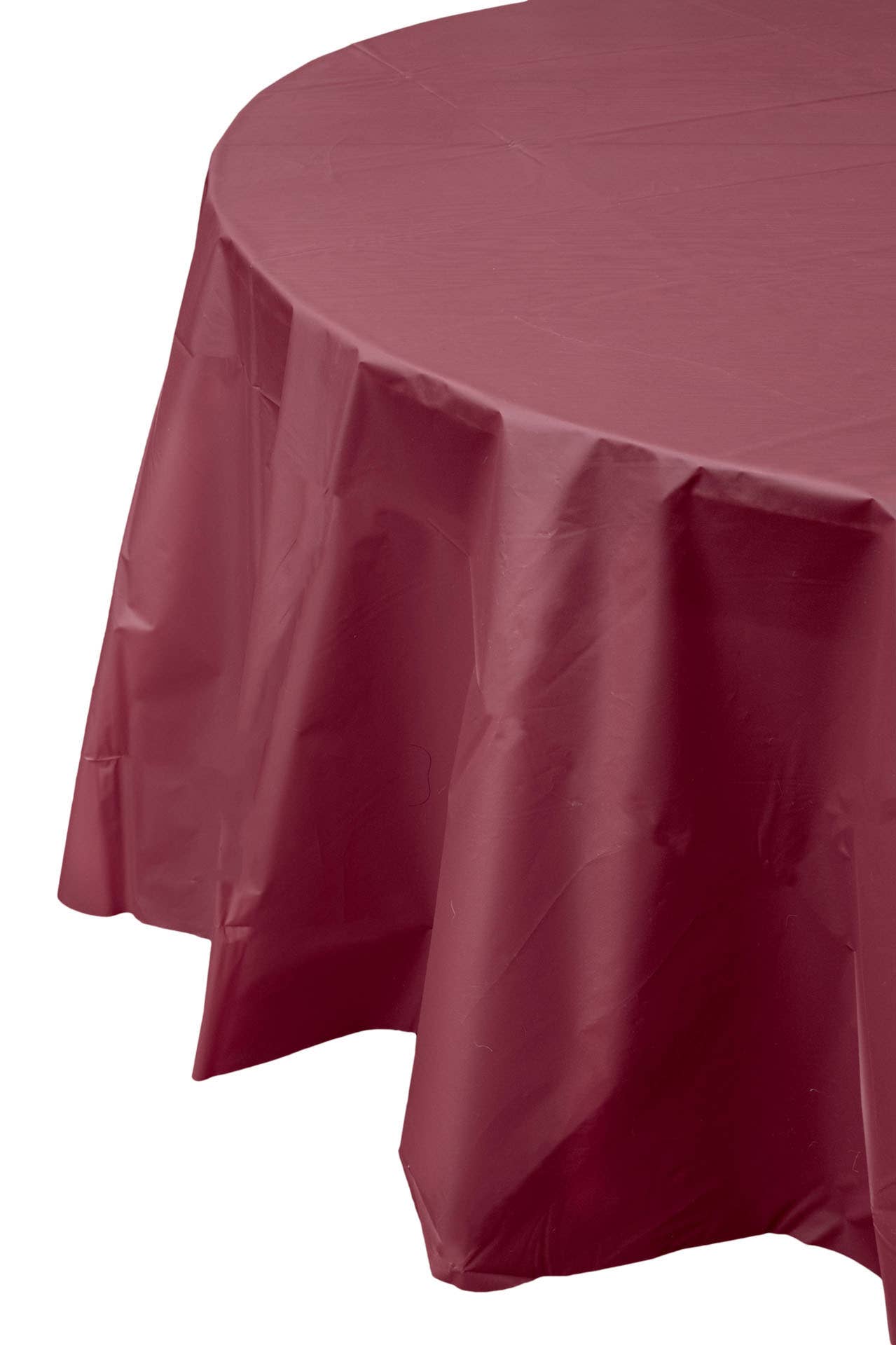 Round 84 inch.  Maroon Plastic Tablecloth Disposable