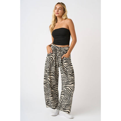 ZEBRA PRINT PULL-ON BARREL LEG PANTS: BLACK/WHITE **Run Large