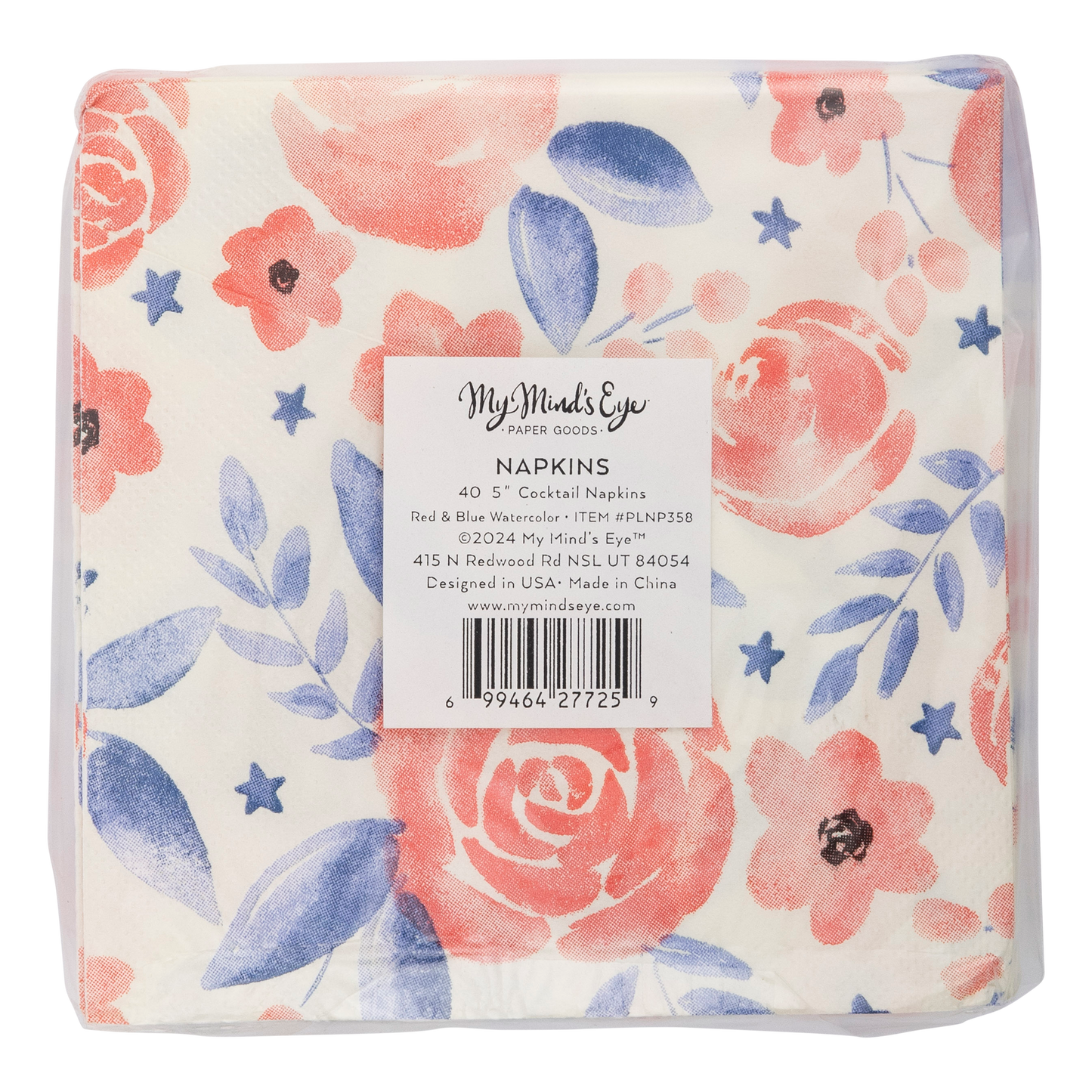 Red and Blue Watercolor Floral Paper Cocktail Napkin 40ct