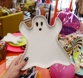 Stoneware Ghost Shaped Plate, Matte White & Black