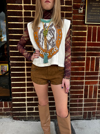 Wild West Leather Studded Micro Shorts in Camel
