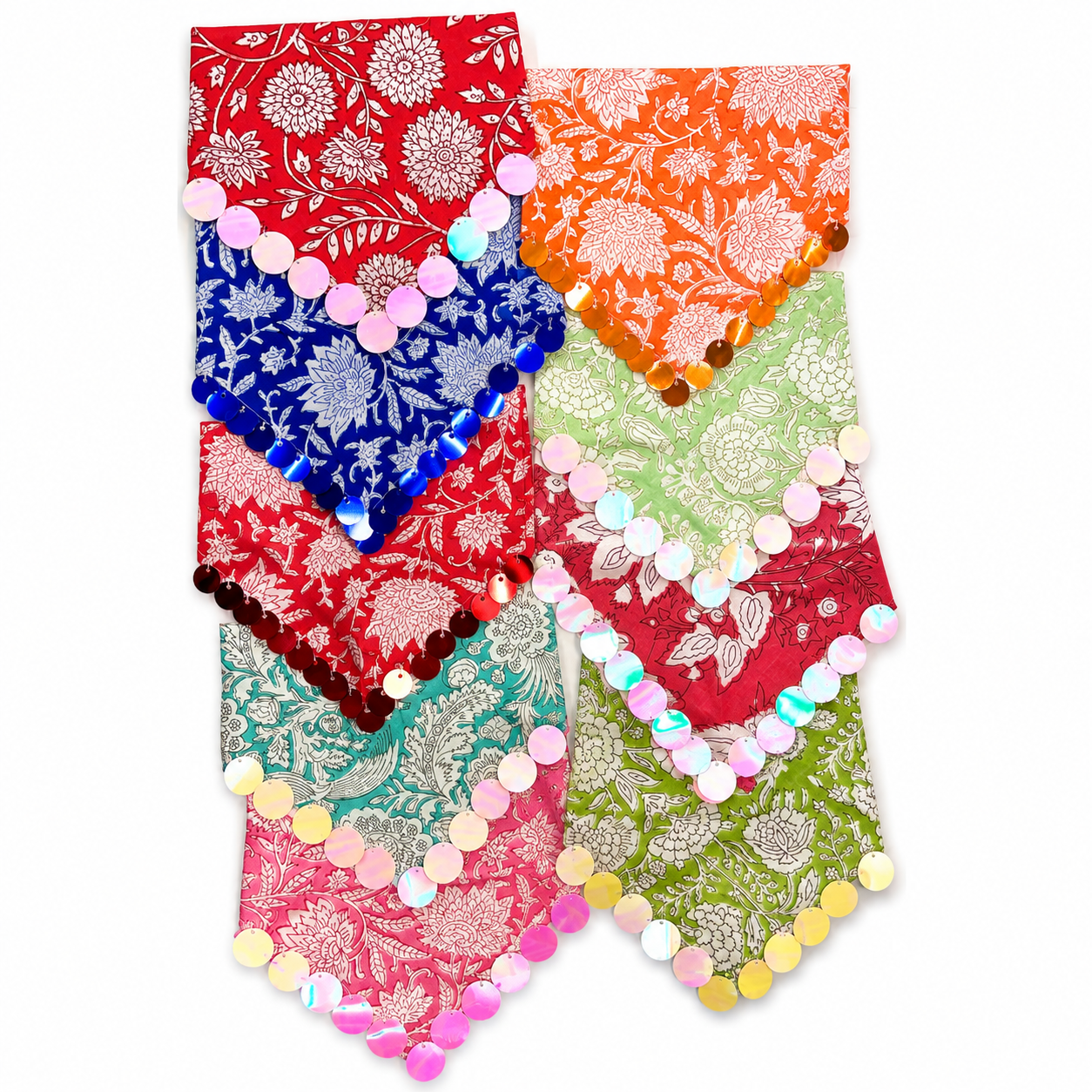 A set of six colorful floral patterned fabric neckties or waist ties arranged in two columns on a white background. Each tie features a different vibrant base color (red, orange, blue, green, pink, and teal) with a metallic silver or gold brocade-style floral pattern and a row of iridescent round sequins along the edge.