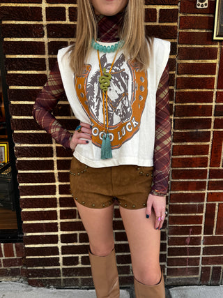 Wild West Leather Studded Micro Shorts in Camel