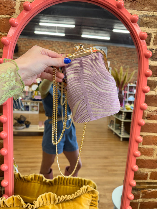 Glenda Gies Lilac Zebra “Birdie” Purse
