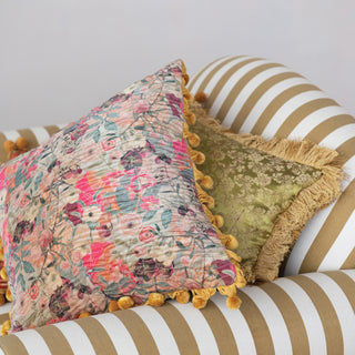Jacquard Lumbar Pillow w/ Brocade Pattern, Fringe & Velvet Back