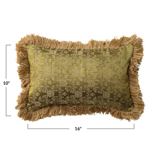 Jacquard Lumbar Pillow w/ Brocade Pattern, Fringe & Velvet Back