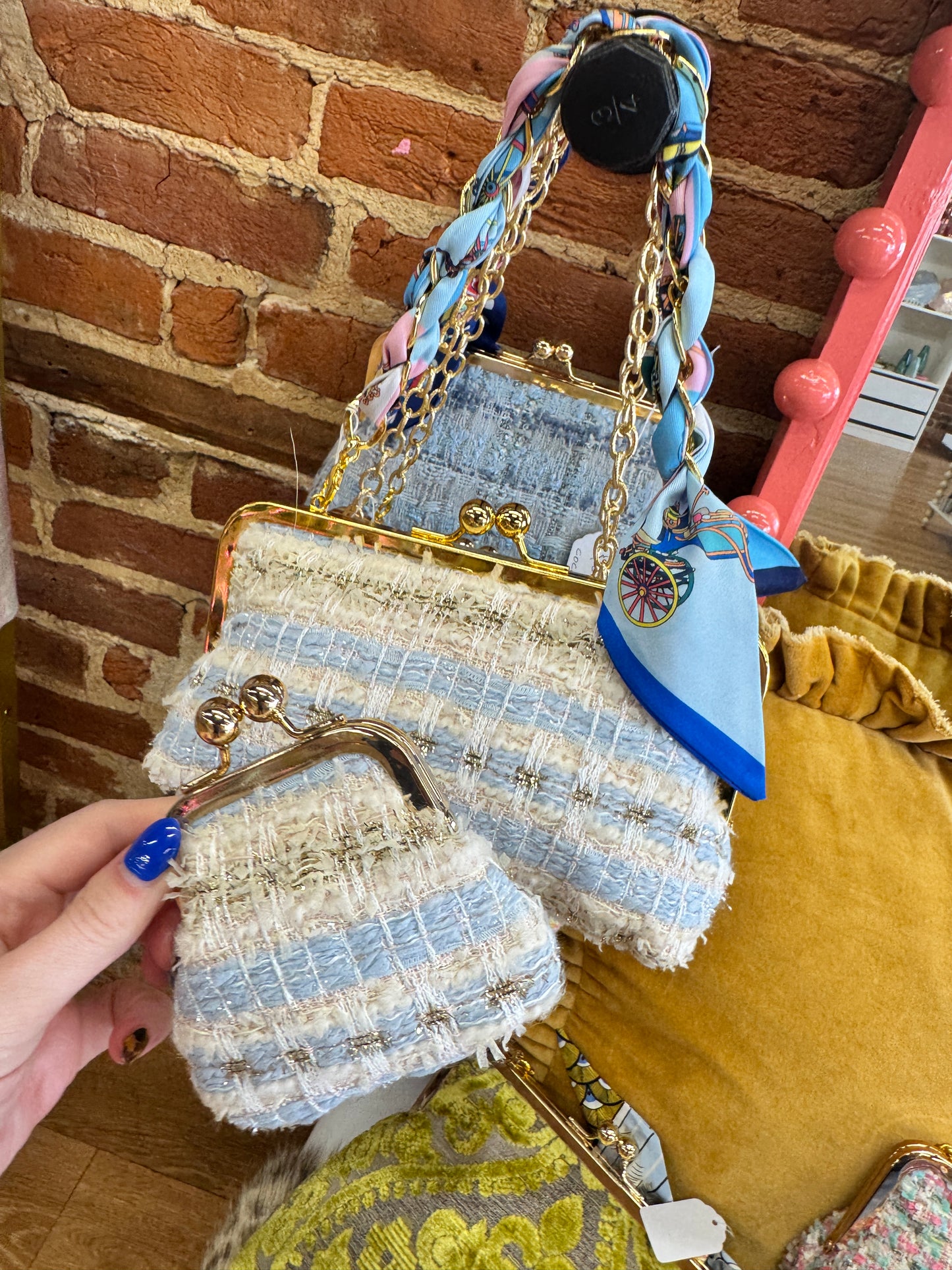 Glenda Gies Blue White Tweed “Pixie” Coin Purse