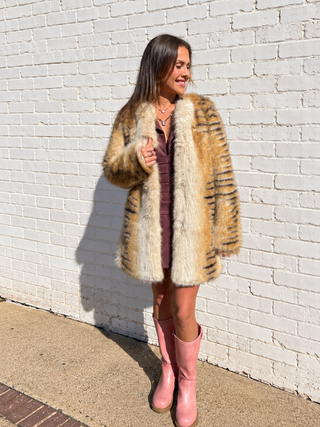 Elle Faux Fur Tiger Striped Cream Coat