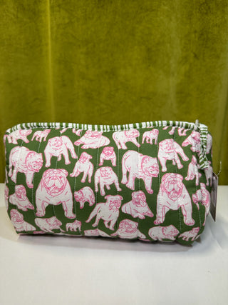 Chelsea Bulldog Quilted Cosmetic    Green/Pink/White    10x6x5