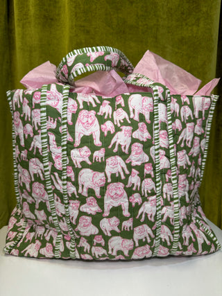Chelsea Bulldog Quilted Tote    Green/Pink/White    18x16x7