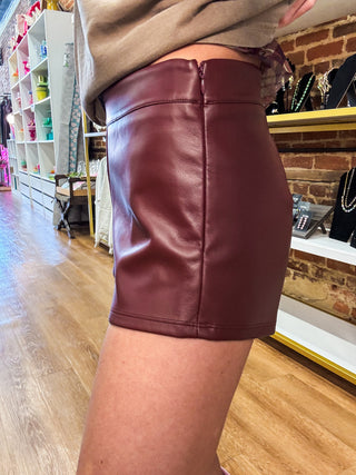 Piper Faux Leather Tailored Shorts in Maroon/Burgundy