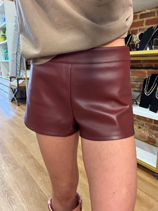 Piper Faux Leather Tailored Shorts in Maroon/Burgundy