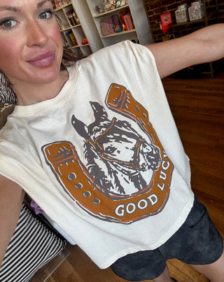 Woman wearing Good Luck Pony western horse graphic boxy muscle tank
