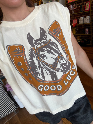 Woman wearing Good Luck Pony western horse graphic boxy muscle tank
