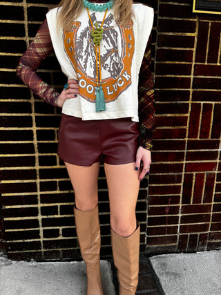 Piper Faux Leather Tailored Shorts in Maroon/Burgundy
