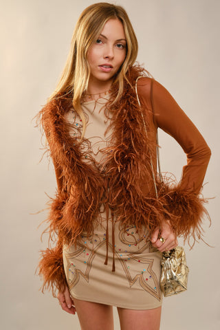 Woman wearing a brown dress with a feathered shawl against a beige background