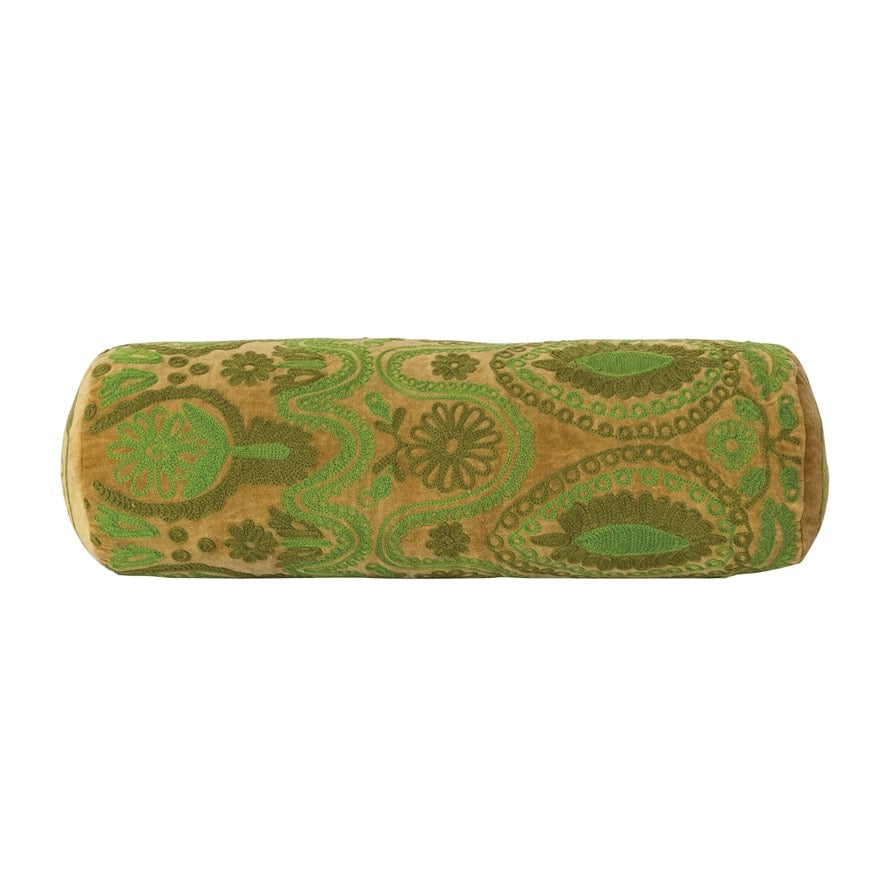 Green Velvet Embroidered Bolster Pillow