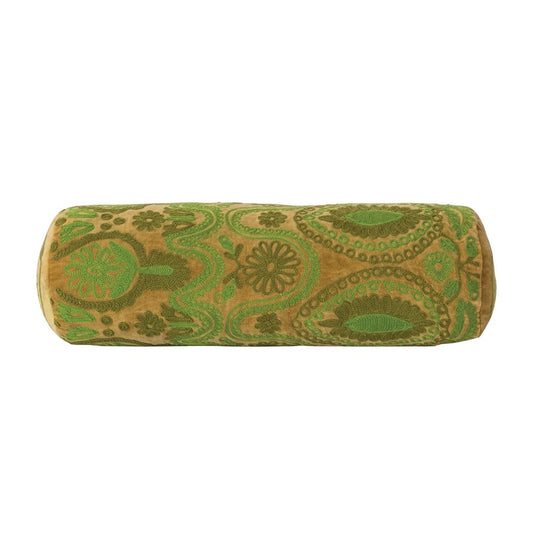 Green Velvet Embroidered Bolster Pillow