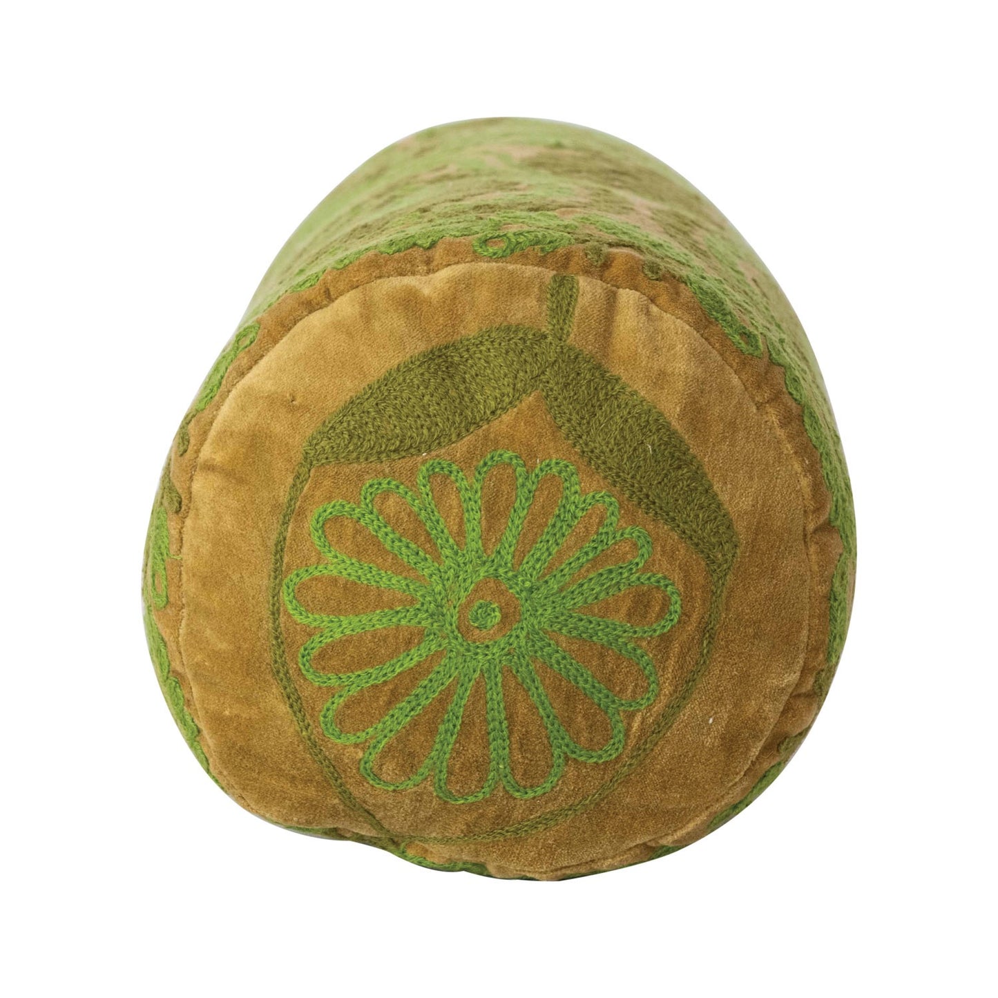 Green Velvet Embroidered Bolster Pillow