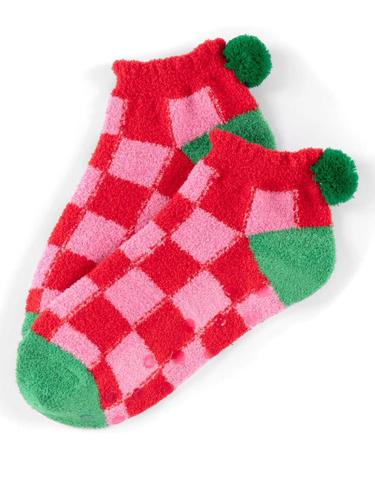 Christmas Checkered Fuzzy Ball Socks, Pink/Red/Green