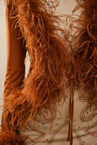 Brown Mesh + Feather Trim Top