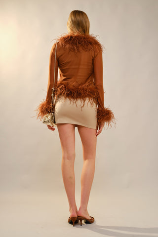 Brown Mesh + Feather Trim Top