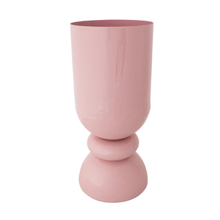 Pink vase with a two-tiered design on a white background