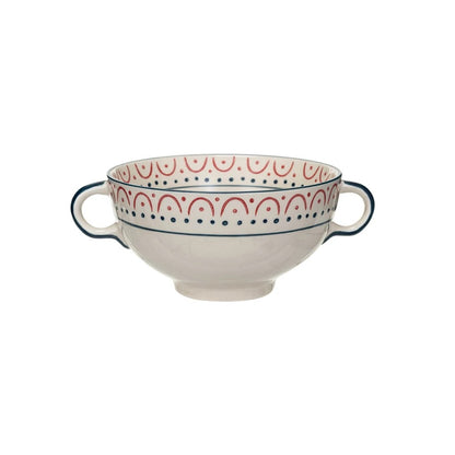 Stoneware Bowl W/ Handles- Red + Navy