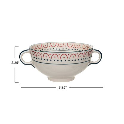 Stoneware Bowl W/ Handles- Red + Navy