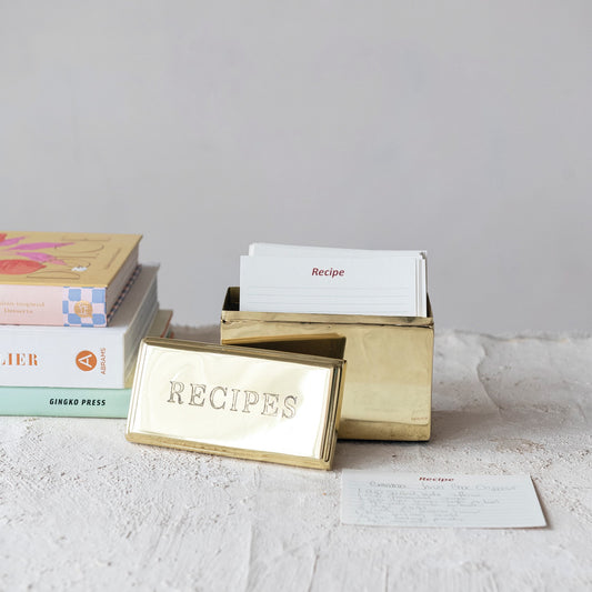 Gold Steel Recipe Box + 36 Recipe Cards