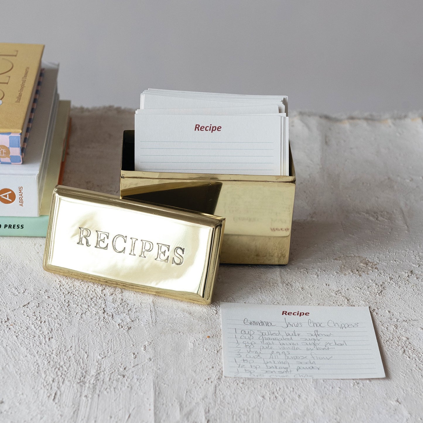 Gold Steel Recipe Box + 36 Recipe Cards