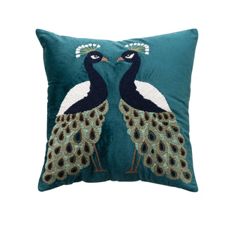 18" Square Velvet Pillow with Peacocks, Embroidery & Chambray Back