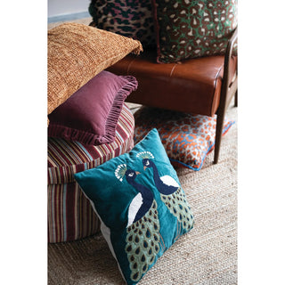18" Square Velvet Pillow with Peacocks, Embroidery & Chambray Back