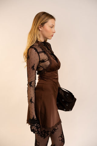 Brown Satin Lace Trim Halter Dress