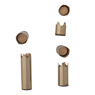 Five small metallic cylindrical components with a gold/brass finish, shown floating on a plain white background in different upright and side positions.