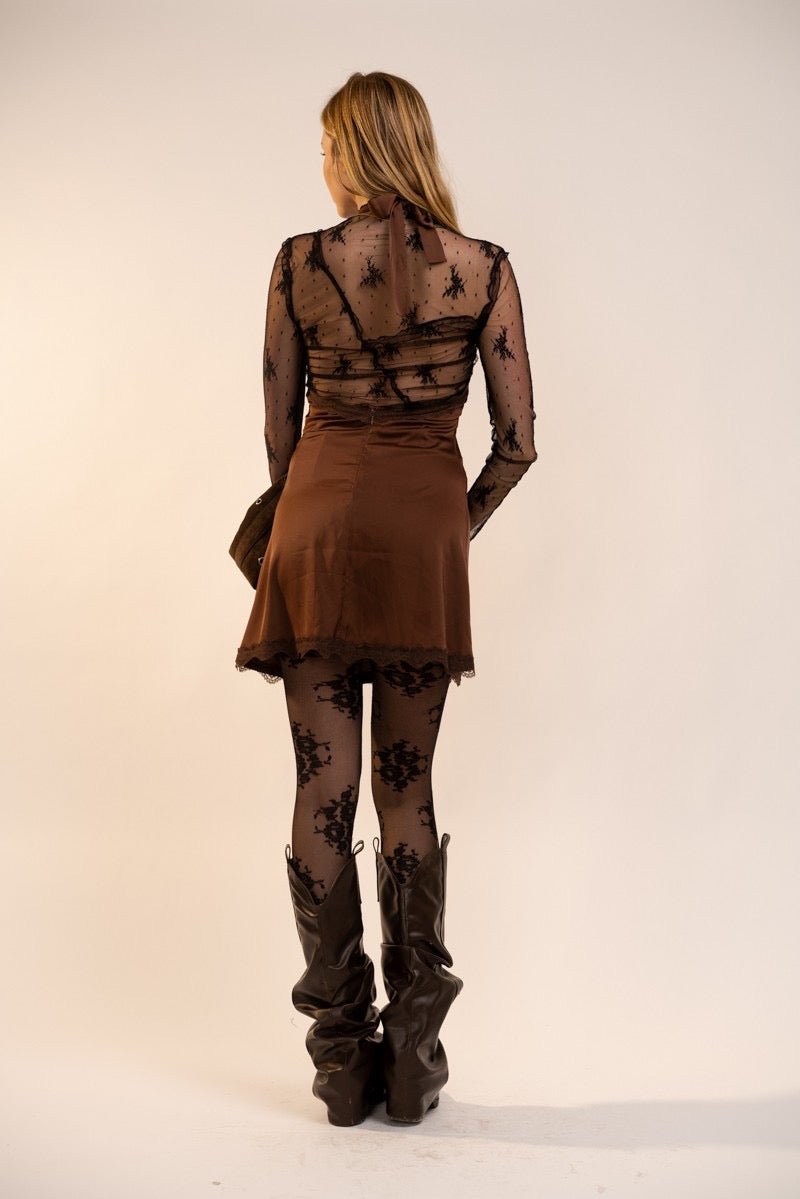 Brown Satin Lace Trim Halter Dress