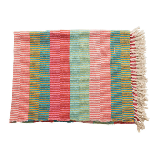 Multicolored striped rug with fringe on a white background
