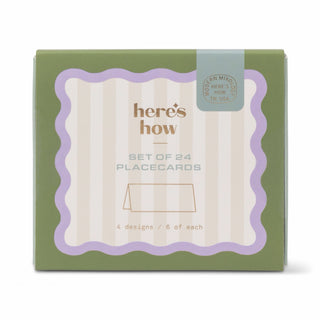 Box of 'here's how' set of 24 placecards with green and purple design.
