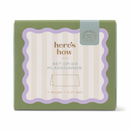 Box of 'here's how' set of 24 placecards with green and purple design.