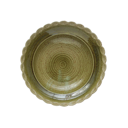 Green Glazed Stoneware Scalloped Edge Bowl
