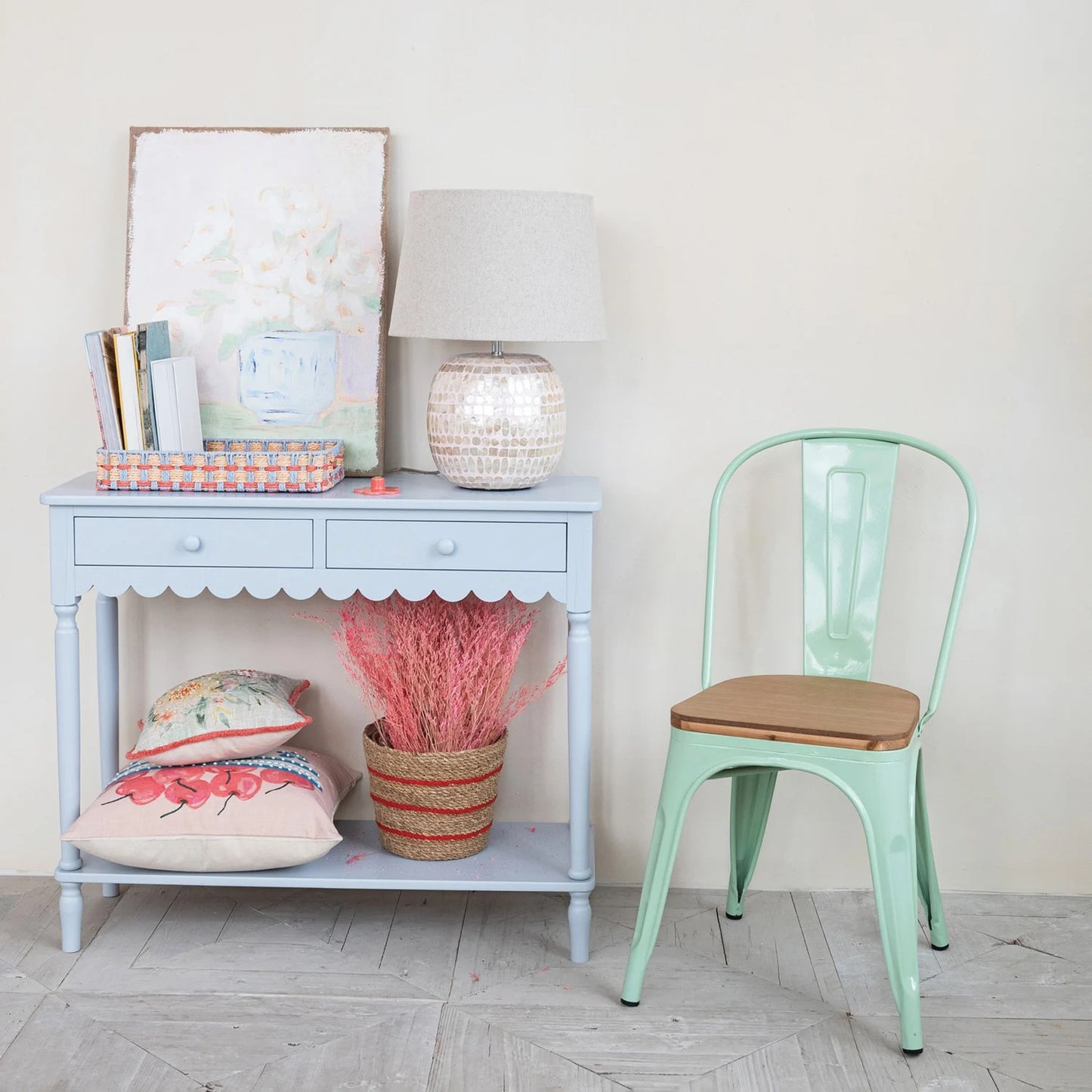 Blue Wood Scalloped Console Table with 2 Drawers & 1 Shelf