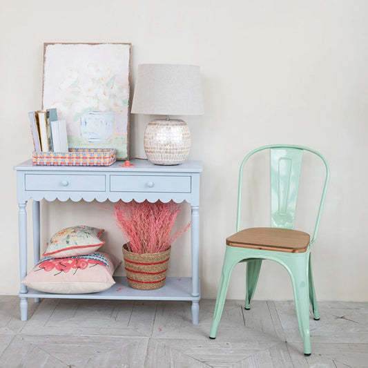Blue Wood Scalloped Console Table with 2 Drawers & 1 Shelf