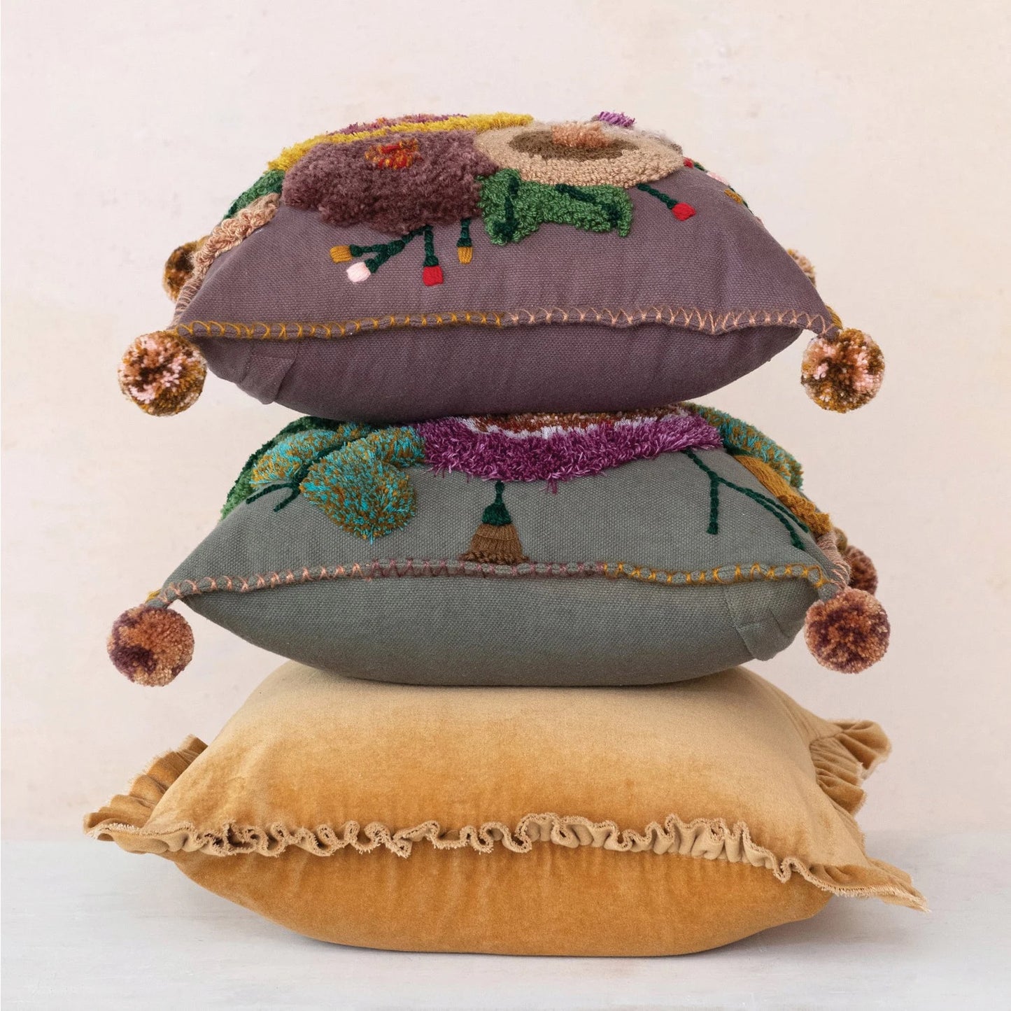 Velvet Ruffled Pillow, Mustard Yellow 20" Square