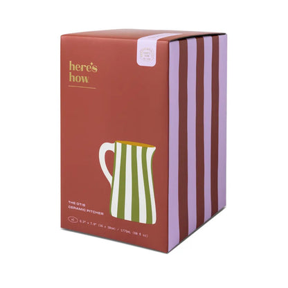 Product packaging with a striped pitcher illustration on a red background