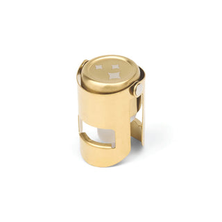 Gold champagne bottle stopper with a logo on a white background