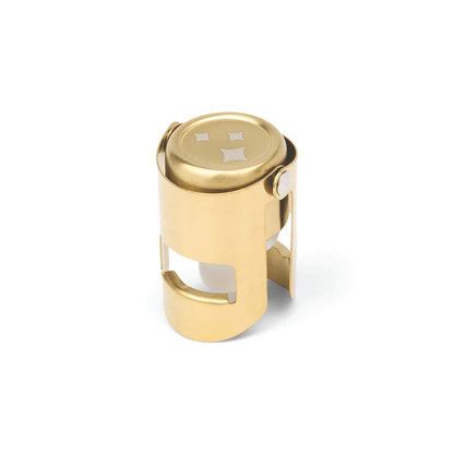 Gold champagne bottle stopper with a logo on a white background