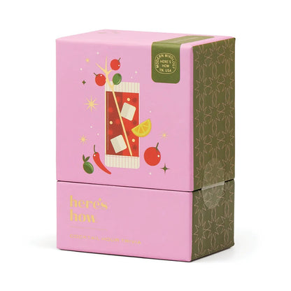 Pink and green packaging box with illustrations and text on a white background