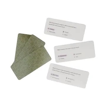 Four playing cards with text on a white background