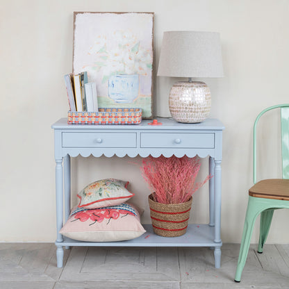 Blue Wood Scalloped Console Table with 2 Drawers & 1 Shelf